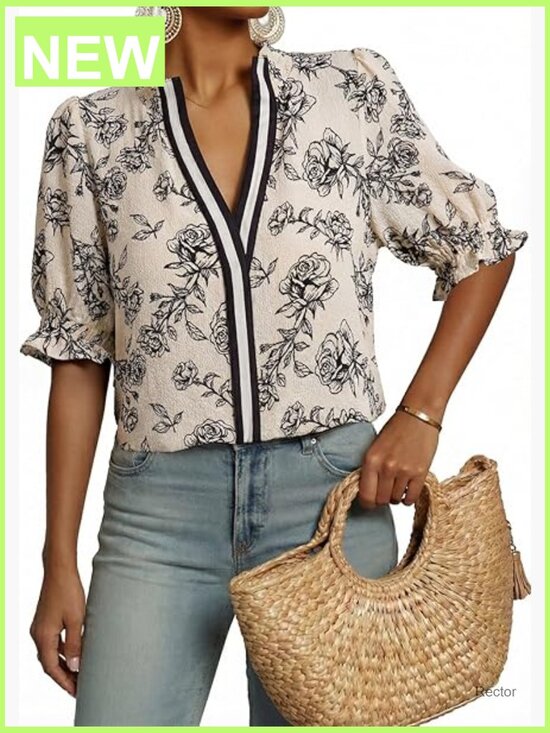 Tops - Women's Boho Floral Ruffle Blouse V Neck Short Sleeve Casual Summer Top